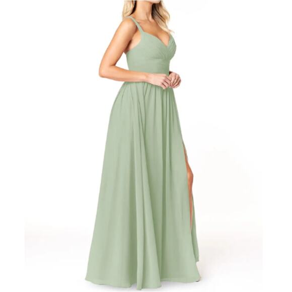 Azazie A-Line Pleated Chiffon Floor-Length Chanel Dress Dusty Sage A0 - Picture 10 of 10